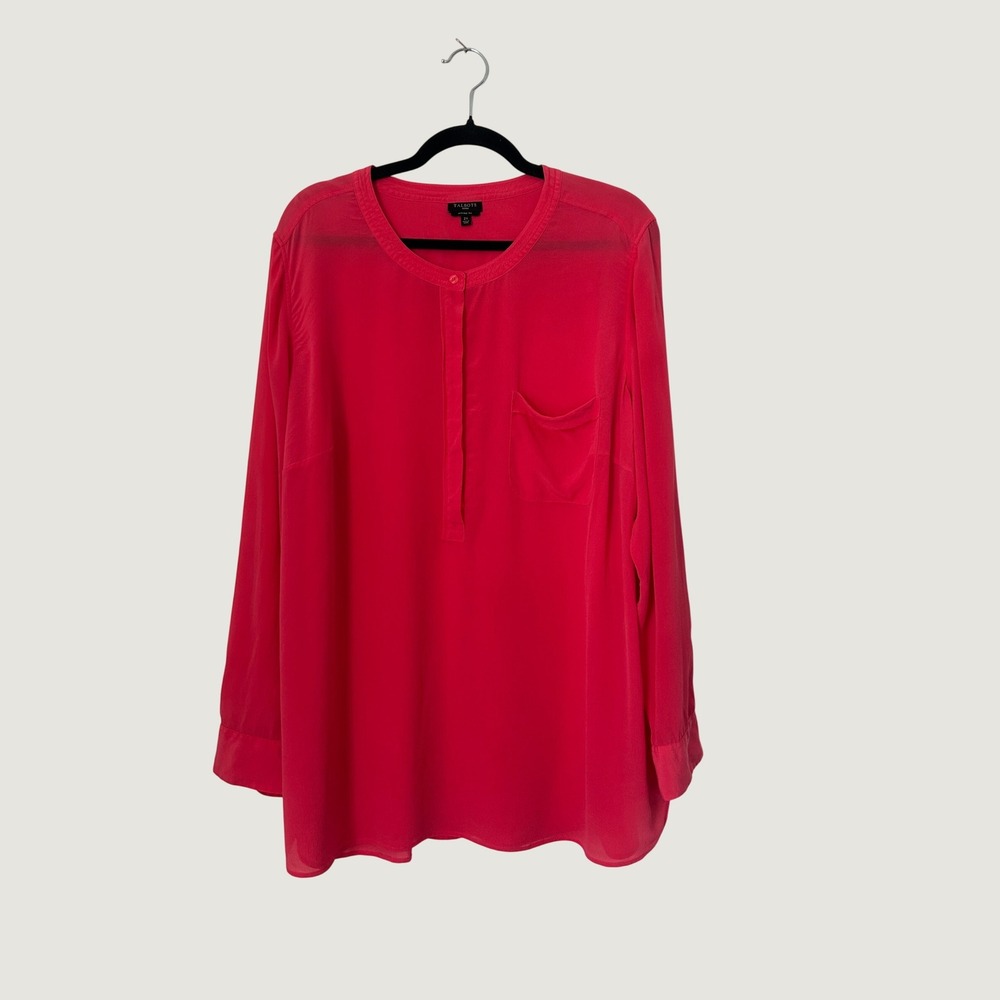 Talbots Washable Silk Blouse Womens 2X Pink Long Sleeve Band Collar Pocket Top